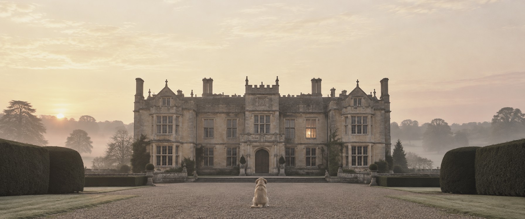 A pale stone country house at dawn across a misty lawn