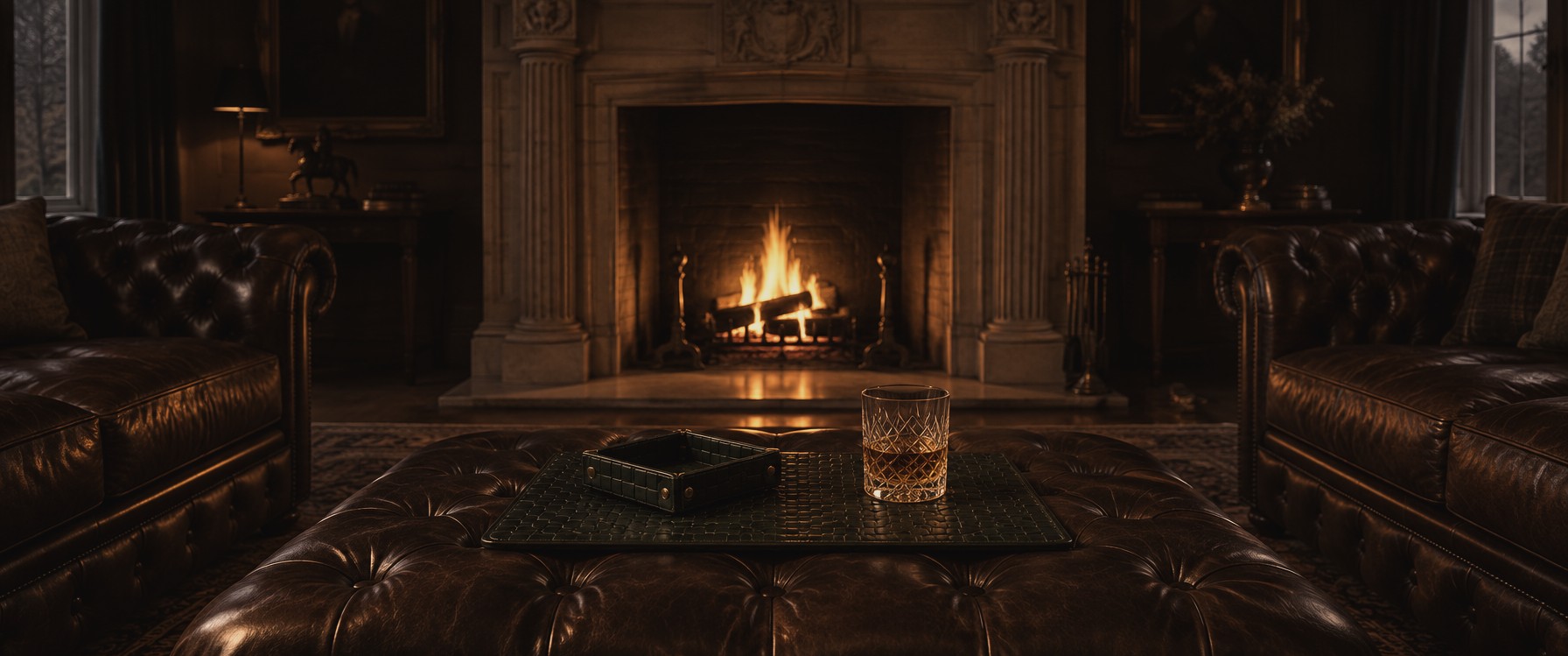 A firelit drawing room, a woven leather platter and valet tray on a tufted ottoman